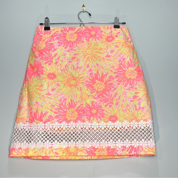 Lilly Pulitzer Dresses & Skirts - LILLY PULITZER Corrie Skirt Pink Yellow Floral White Crochet Trim Pockets Sz 4